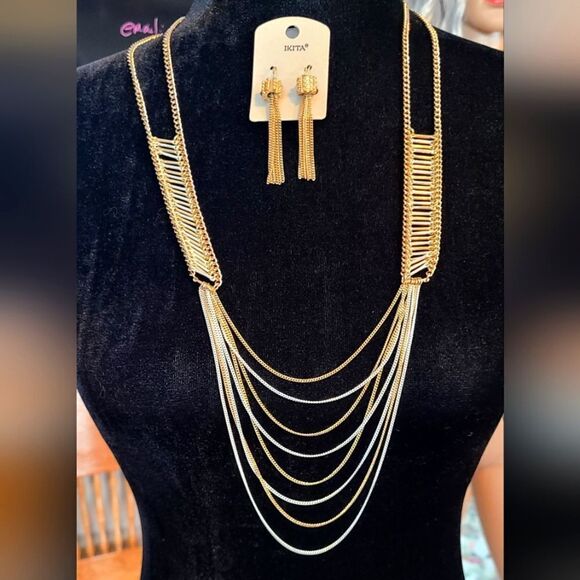 PARIS! IKITA Silky Chains Silver & Gold Matched Set Necklace & Earrings … - Picture 1 of 6
